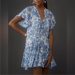 Maeve Anthropologie Blue White Floral Ruffle Mini Dress Medium